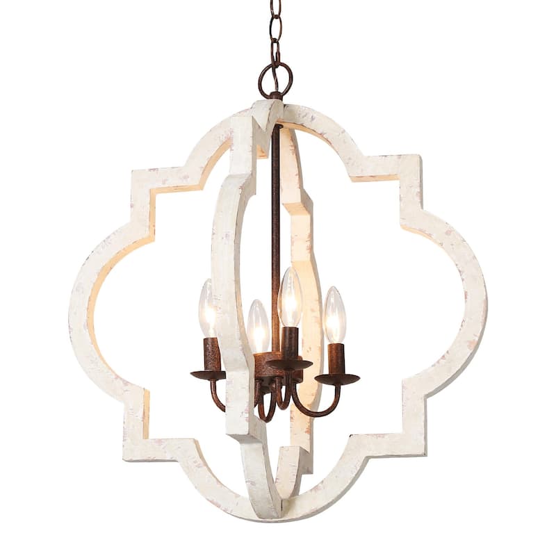 Farmhouse 4-Light Wood Lantern Chandelier Rustic Kitchen Island Light - D21.5" x H24