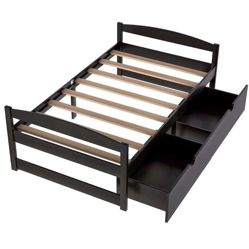 Twin Size Platform Bed with 2 Drawers in Espresso Finish, Space-Saving Storage