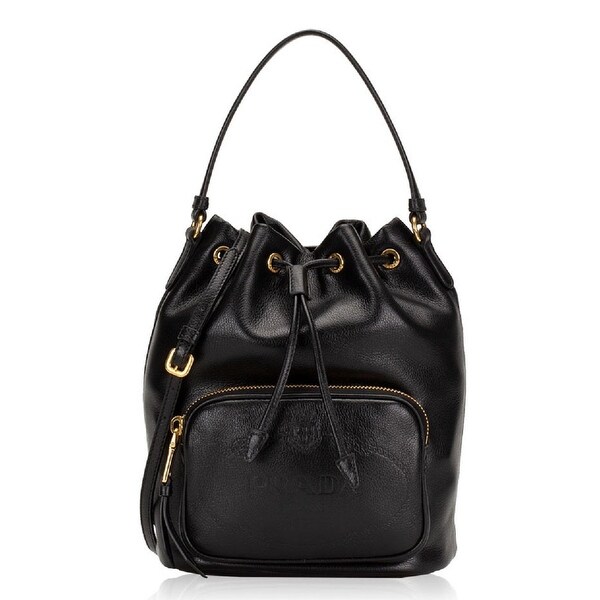 black leather bucket handbag
