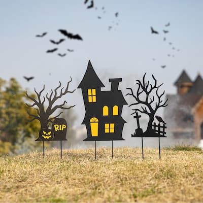Glitzhome Set of 3 Halloween Metal Silhouette Haunted Yard Stake or Hanging Decor