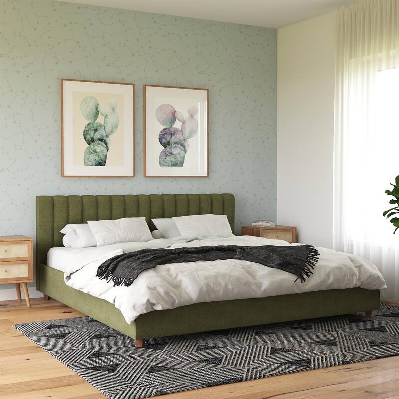 Roomfitters Brittany King Size Upholstered Bed Frame with Ribbed Tufted Headboard, Linen Fabric, Green - Green