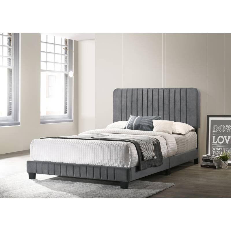 Sleek Contemporary Full Bed in Gray with Channel Tufted Velvet Upholstery - Gray