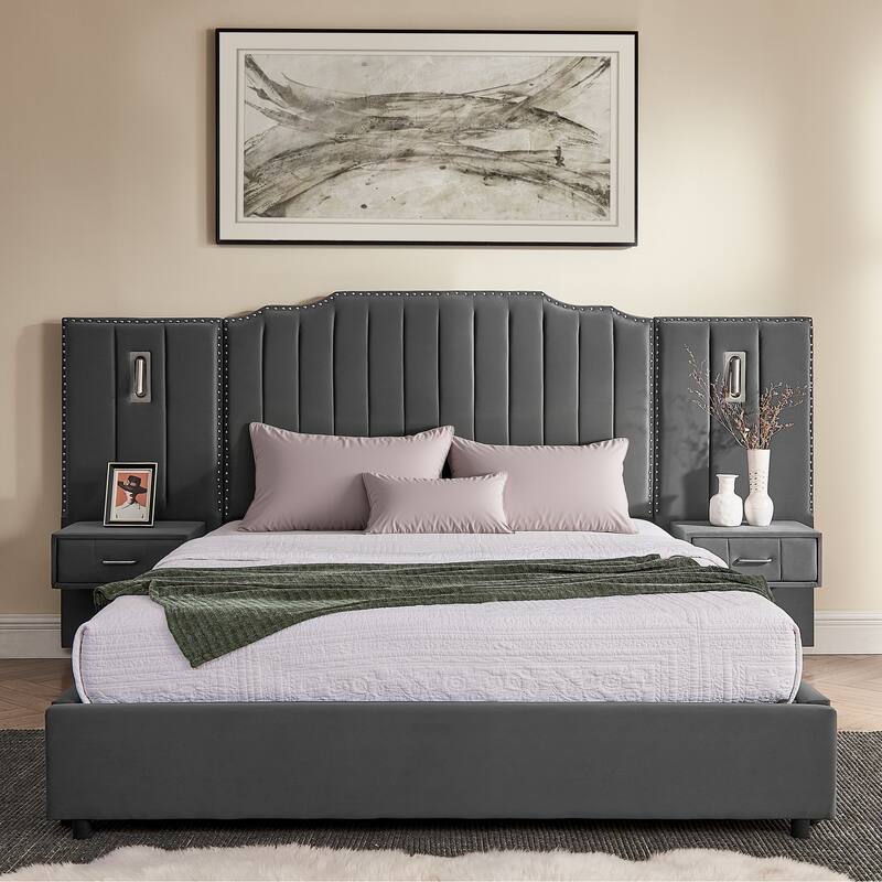 Queen Size Upholstered Bed Frame with Velvet Fabric, Vertical Stripe Design with Buttons Around Platform Bed