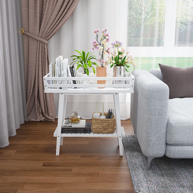 2 Tier Wood Plant Stand Flower Shelf Indoor Outdoor Narrow Table White - 29" L x 10.6" W x 27.2" H