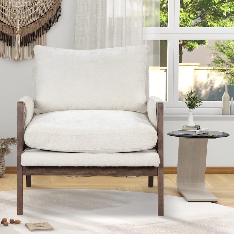 Modern Velvet Accent Chair Leisure Chair with Solid Wood - White