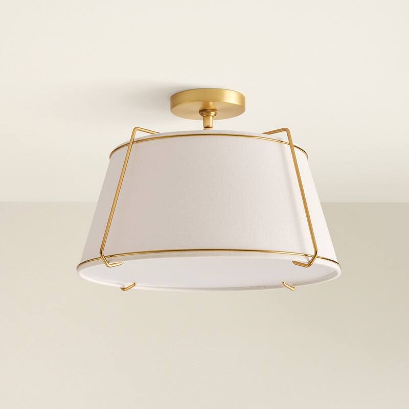 Crest Semi-Flush Mount - Metal, Fabric & Gold, Ivory White Ceiling Light for Bedroom or Hallway in Modern, Transitional Style