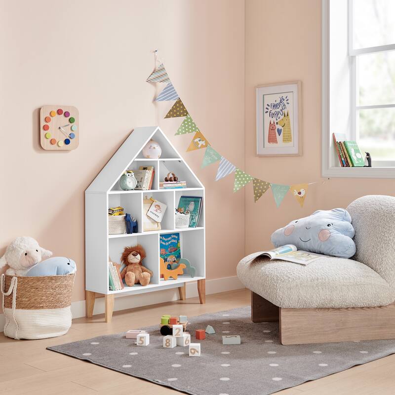 Danya B. Steiner White Dollhouse 8-Compartment Kids Book or Toy Figure Display Unit Freestanding Bookshelf with Beech Legs