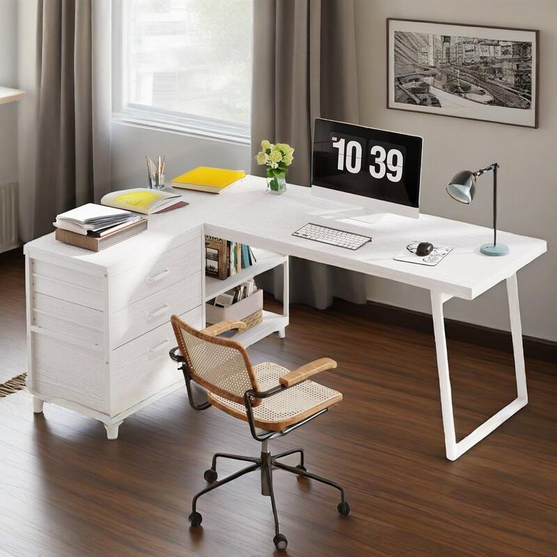 Reversible L Shaped Computer Desk with Drawers and Storage Shelves Modern White Finish Sturdy Home Office Workstation
