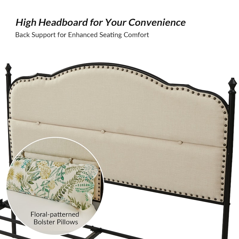 Eulalia Transitional Upholstered Platform Metal Bed Frame Four Poster Bed with High Headboard&Pillow