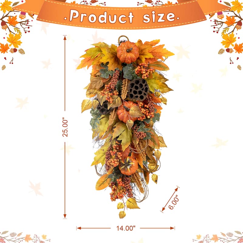 Glitzhome 25"H Fall Pumpkin Lotus Leaf Swag Wreath Thanksgiving Door Decor