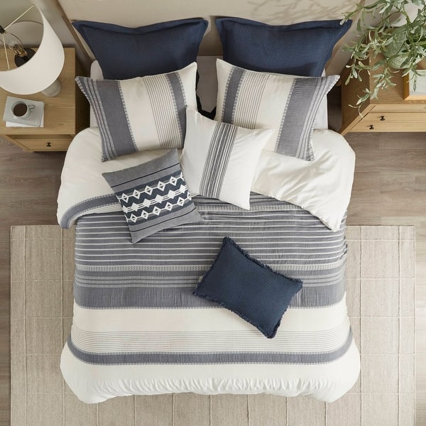Madison Park Signature Murphy Oversized Cotton Jacquard Comforter Set with Euro Shams and Throw Pillows - Blue - King