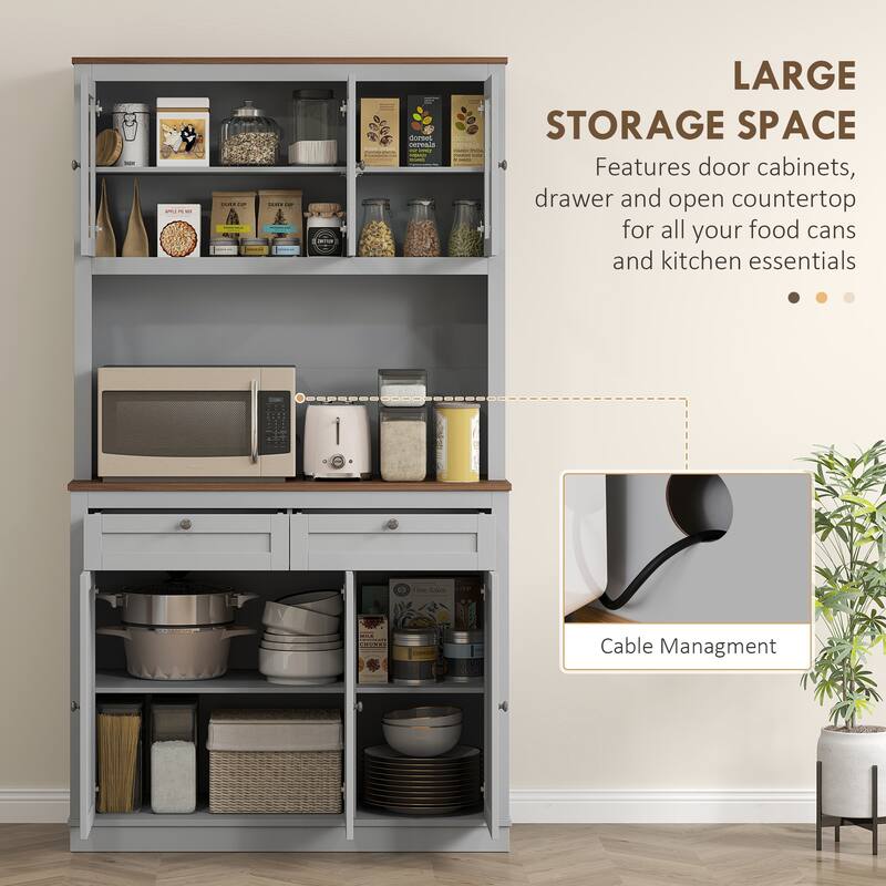 Tall Adjustable Shelves Kitchen Pantry Cabinet with Glass Doors and 8 Compartments 2 Drawers - 39.4" W x 15.7" D x 70.9" H