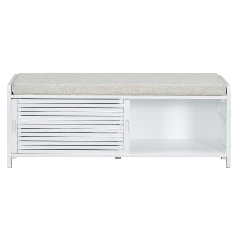 Entryway Bench Storage Shoe Bench w/ Cushion & Sliding Door, Shoe Cabinet Organizer for Living Room, 15.4" W x 43.3" D x 16.5" H