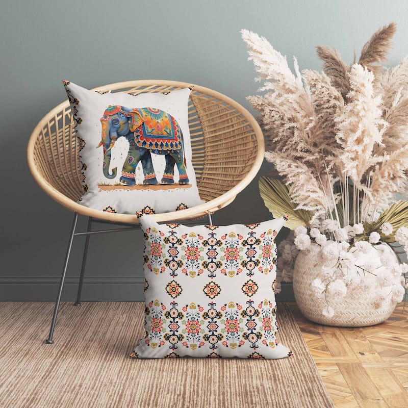 Decorated Elephant Indoor/Outdoor Reversible Throw Pillow Beige and Blue