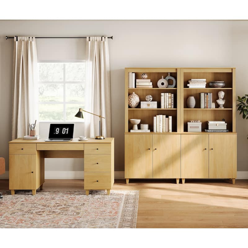 WAMPAT Home Office Furniture Set, 58" Executive Desk with Cabinet, 2-Column 71" Tall Bookcase with Doors and Adjustable Shelves