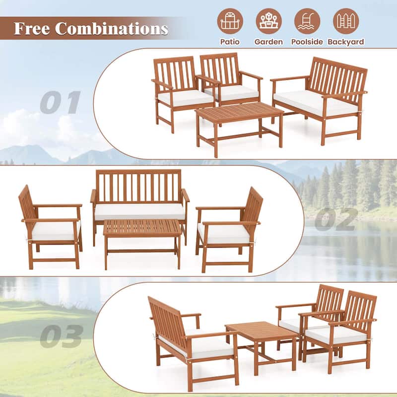 Costway 4/8 PCS Acacia Wood Furniture Set Coffee Table & 2 Armchairs