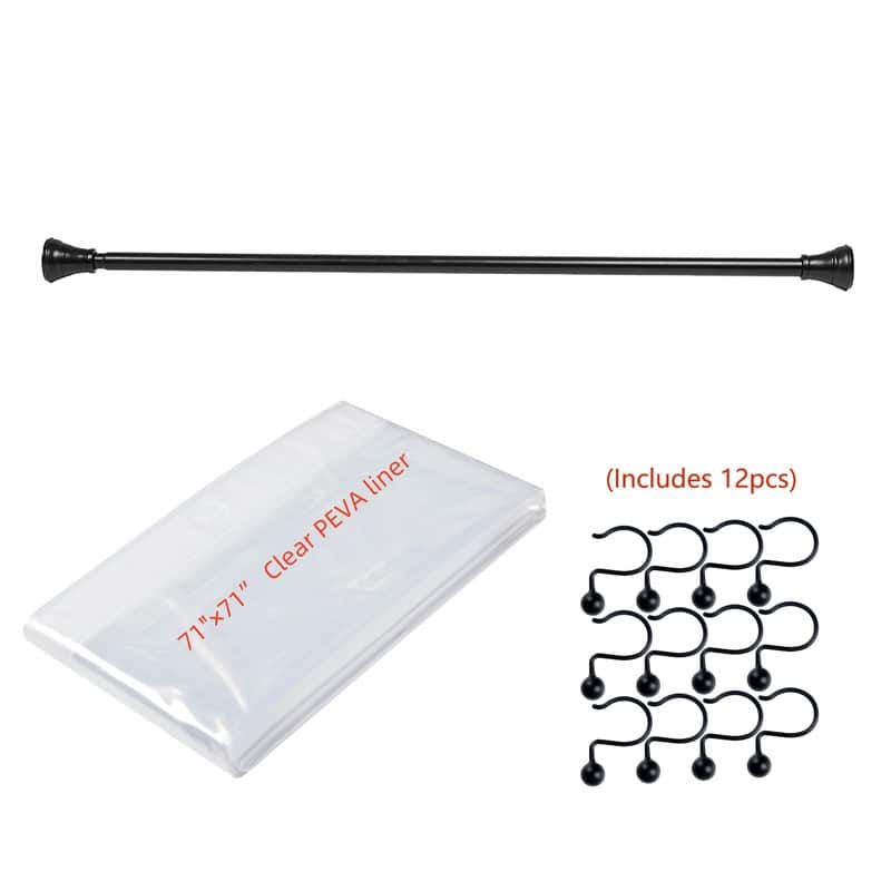 Utopia Alley Adjustable 72-Inch Rust-Proof Aluminum Shower Curtain Tension Rod - Included PEVA Shower liner and shower hooks - Black