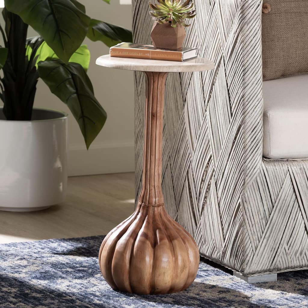 Usama End Table with Marble Stone Top - Sculpted Pedestal Accent Side Table for Living Room or Entryway
