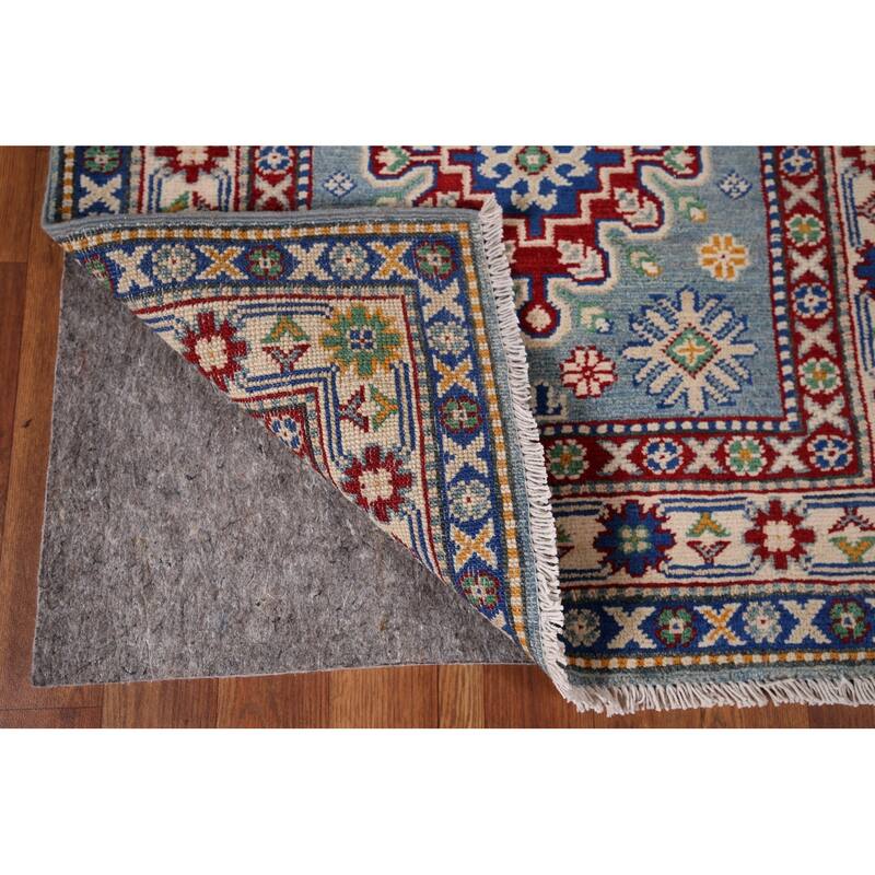 Light Blue Kazak Oriental Runner Rug Handmade Geometric Wool Carpet - 2'7" x 12'7"
