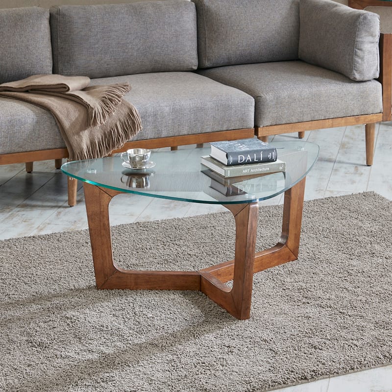 Roomfitters 42-Inch Triangular Coffee Table, Tempered Glass Top with Mid-Century Pecan Solid Wood Base