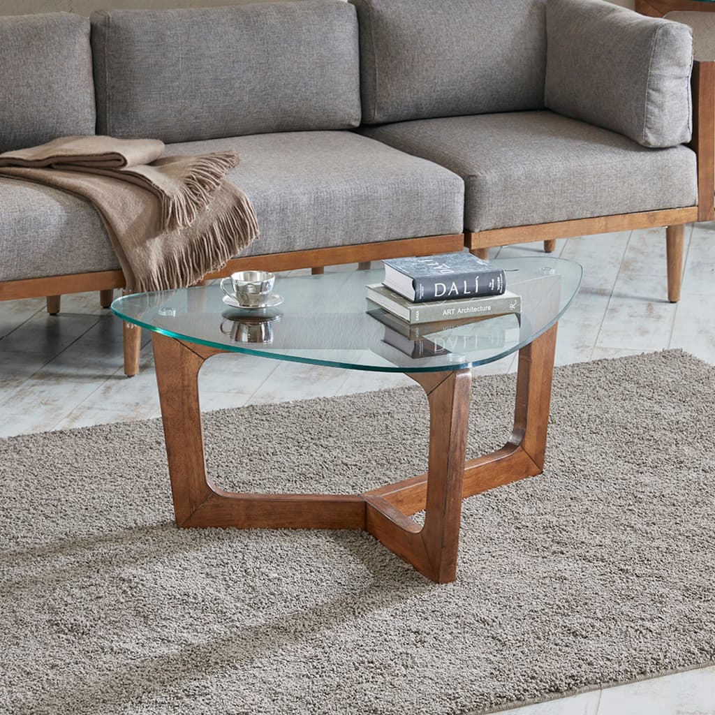 Roomfitters 42-Inch Triangular Coffee Table, Tempered Glass Top with Mid-Century Pecan Solid Wood Base