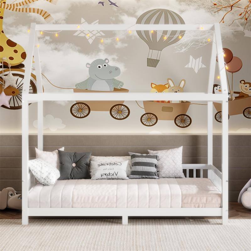 Twin/Full Size House Bed with LED Light and Guardrails, Solid Wood Kids Montessori Bed with Roof Frame and Slats Support
