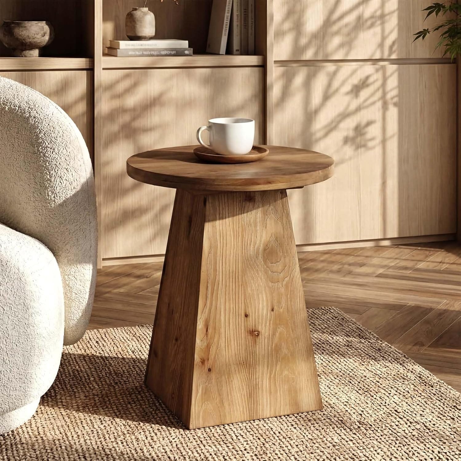 Solid Wood End Table, 19” Round Side Table with Trapezoid Base for Small Spaces