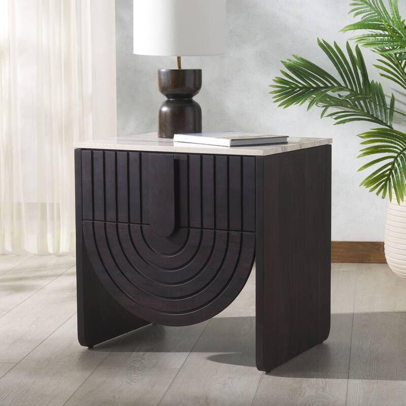 SAFAVIEH Couture Floris Travertine Top Nightstand - Black/Travertine