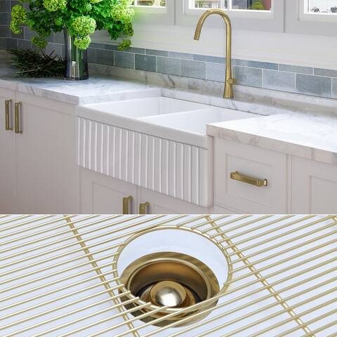 Fossil Blu 33-Inch SOLID Fireclay Farmhouse Sink in White, Matte Gold Accessories, Fluted Front - 33 x 20 x 10