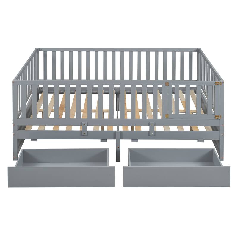 Full Size Wood Daybed with Fence Guardrails and 2 Drawers, Converts to Floor Bed or Daybed, Gray