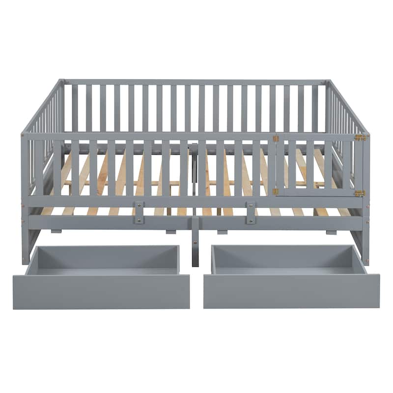 Sturdy Floor Bed with Fence Guardrails and 2 Drawers