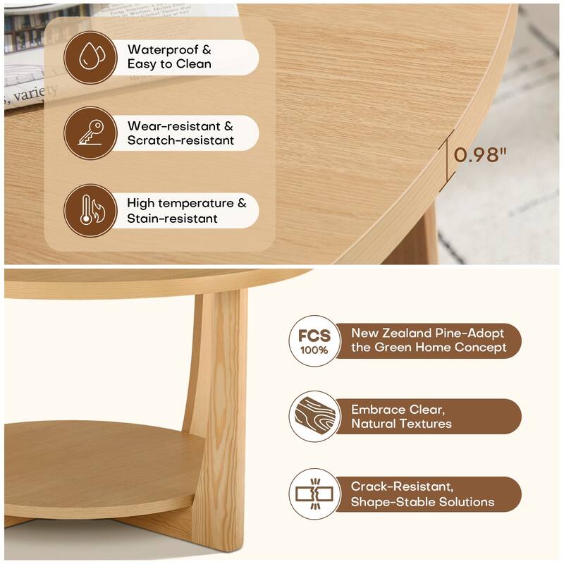 31.5" Round Coffee Table with Solid Wood Legs and 2-Tier Storage - 31.5"Dia x 17.72"H
