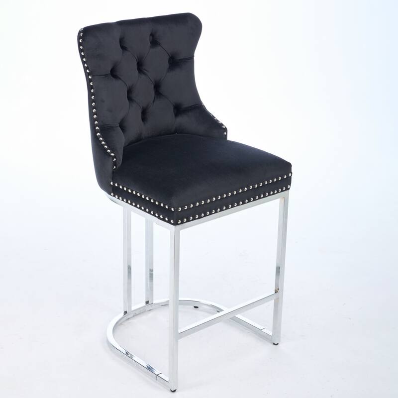 Set of 2 Modern 25 Inch Counter Bar Stools Velvet Upholstered Button Back Chrome Legs
