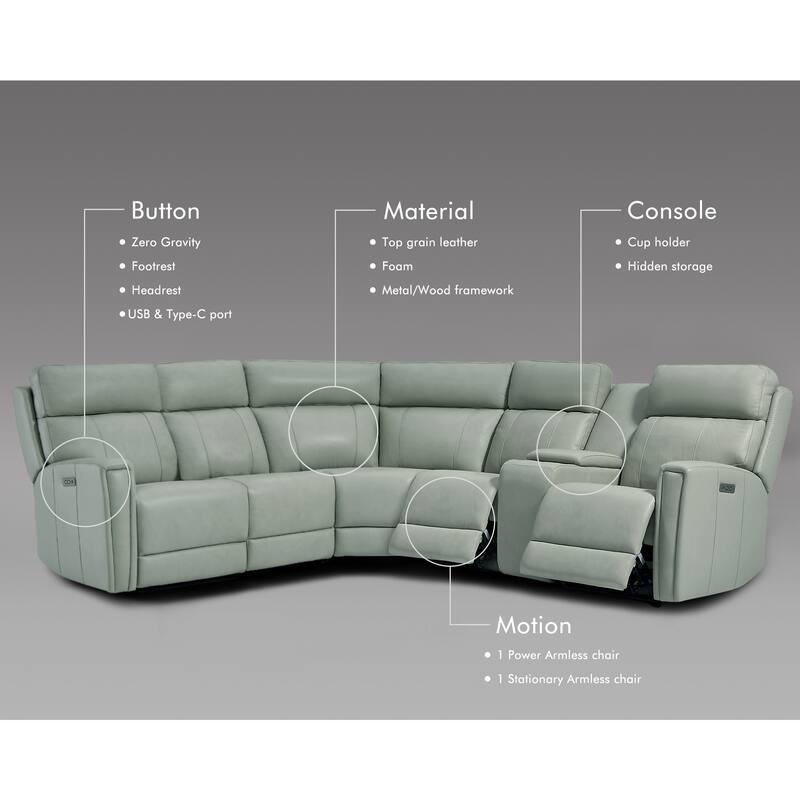 116" W L-Shaped Genuine Leather Power Reclining Sectional Sofa with Console, Ajustable Headrest, USB PortS, 1 Power Armlesschair