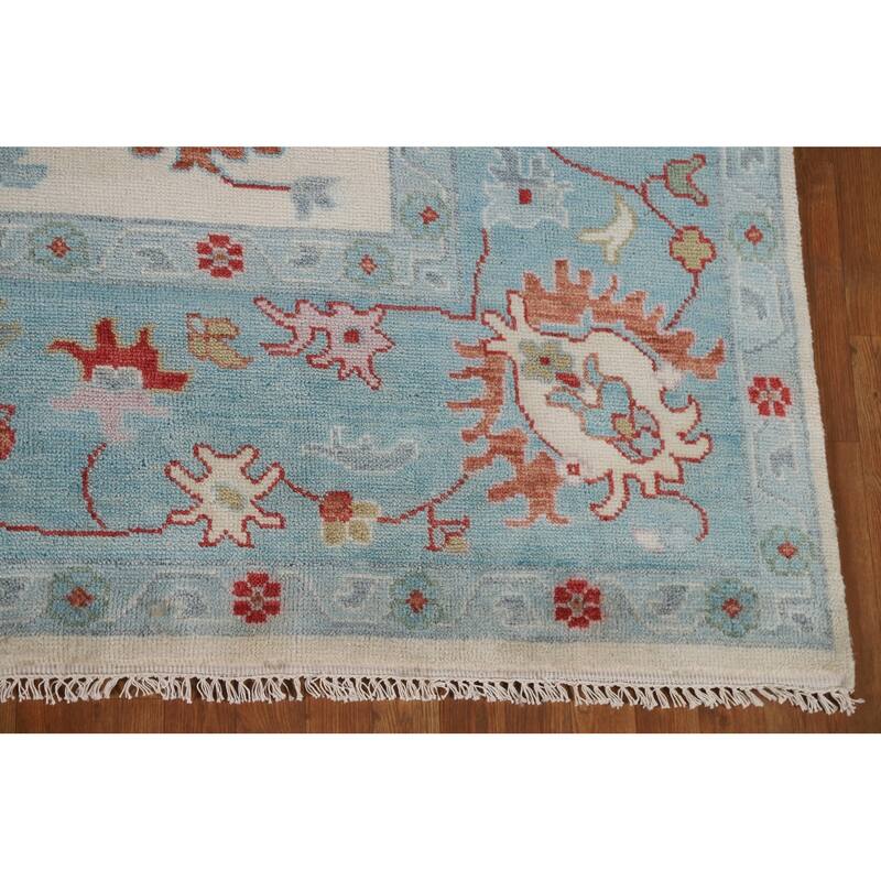 Floral Ivory Oushak Oriental Area Rug Hand-Knotted Wool Carpet - 9'1"x 12'0"