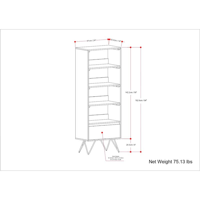 WYNDENHALL Moreno SOLID MANGO WOOD and Metal 64 x 24 inch Rectangle Modern Tall Bookcase in Natural -  14"d x 24"w x 64"h