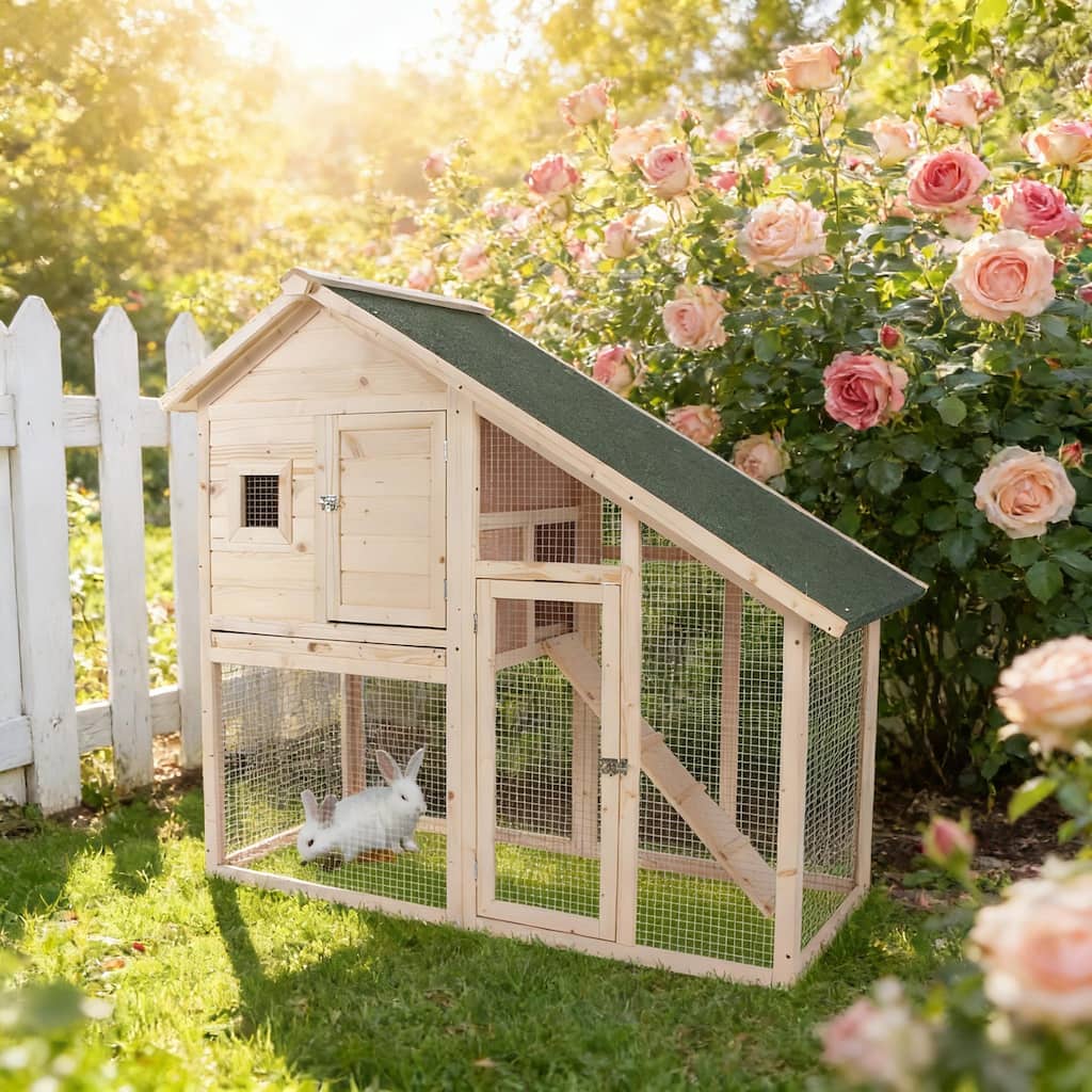 Bunny Cage,Weatherproof Rabbit Hutch,Spacious Pet House is designed for convenient cleaning - Natural Wood