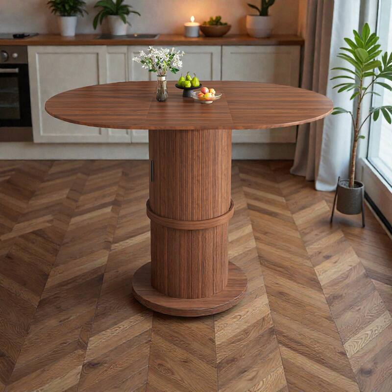 59 Inch Extendable Oval Dining Table with 2 Tier Storage, Walnut Finish MDF Pedestal Table for 4-6