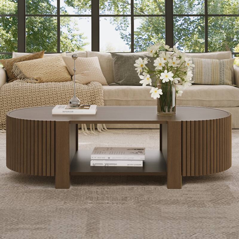 47" Oval Fluted Coffee Table with Storage, Rubber Wood, 1 Shelf & 2 Doors - Walnut - Walnut
