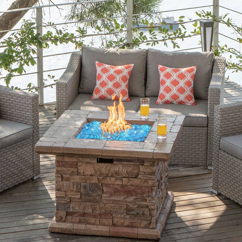 COSIEST Outdoor Square Propane Fire Pit Table w Faux Brown Ledgestone - 32" W x 32" D x 25" H - BlueFireGlass