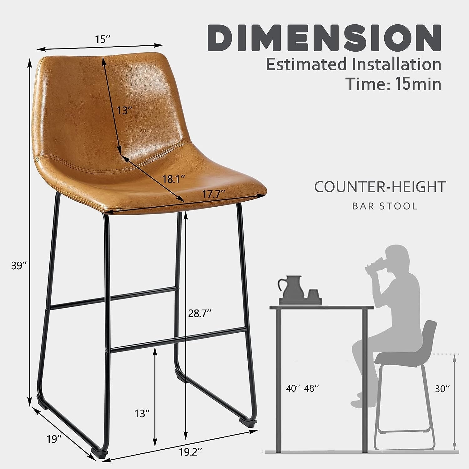 Bossin 18/26/30 inch Bar Stools Set of 2,Counter Height Bar Stools with Back Modern PU Leather Stools with Footrest