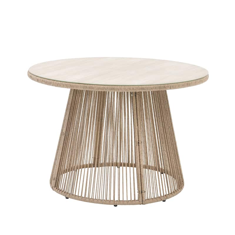 Modern Outdoor Round Glass Top Table with Woven Rattan Base