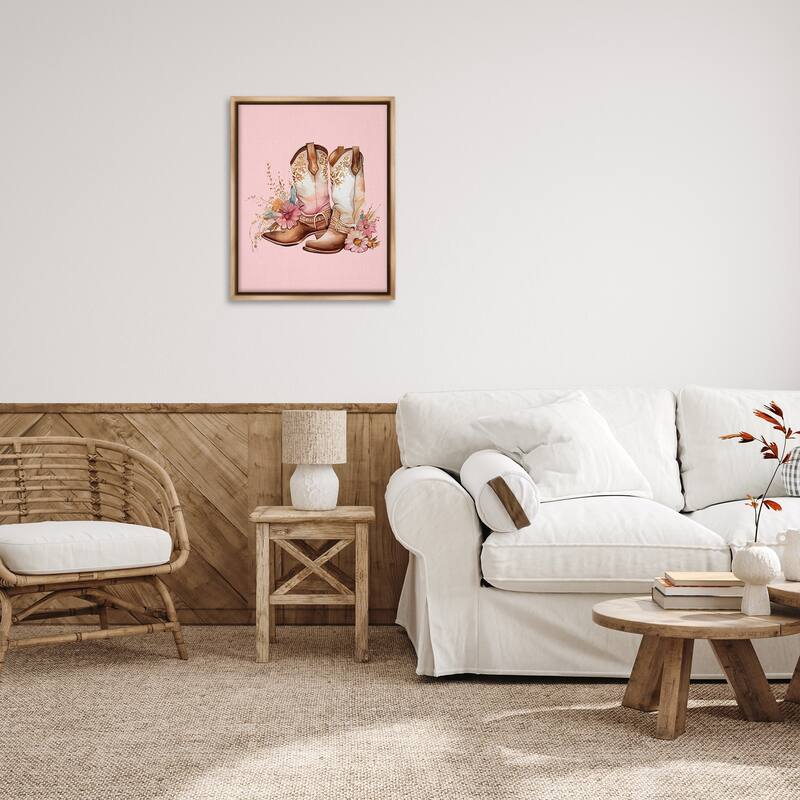 Stupell Floral Pink Cowgirl Boots Framed Floater Canvas Wall Art Design by Birch&Ink
