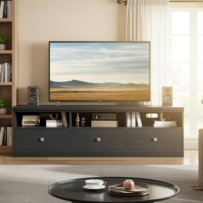 TV Console, with Open Shelves and Storage Drawer - Black