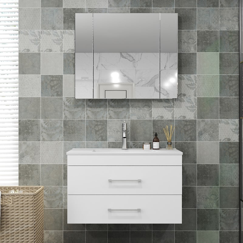 GDFStudio - 32-Inch White Gloss Wall-Mounted Bathroom Vanity with Double Drawers - Cabinet+Basin - White