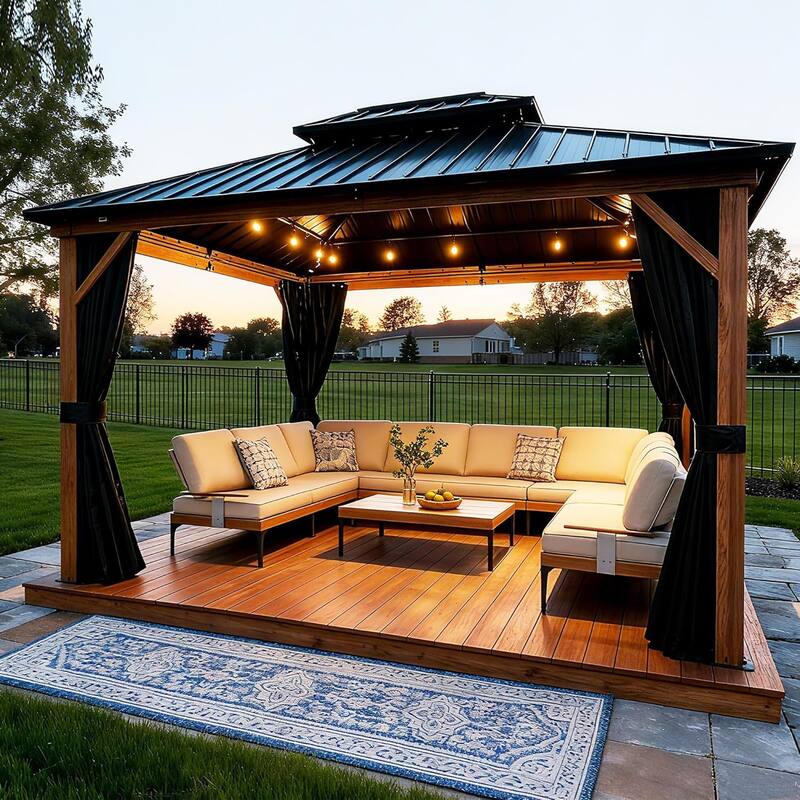 PURPLE LEAF Patio Hardtop Gazebo for Outdoor Wood Grain Aluminum Frame Galvanized Steel Double Roof and Backyard Garden - 10ft x 12ft - With lights