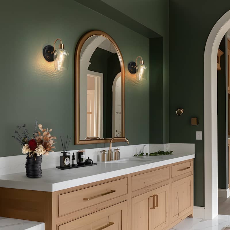 Waylin Modern Elegant 1-Light Water Ripple Glass Shade Black Gold Wall Sconce Dimmable Bathroom Vanity Lighting