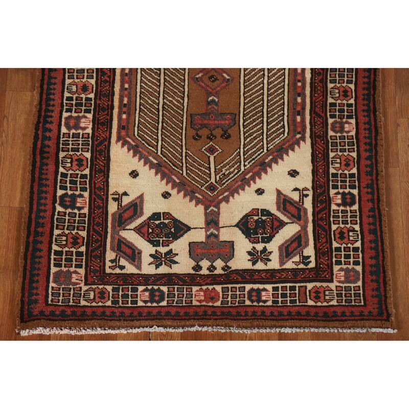 Brown Ardebil Persian Runner Rug Handmade Vintage Wool Carpet - 3'2"x 6'11"