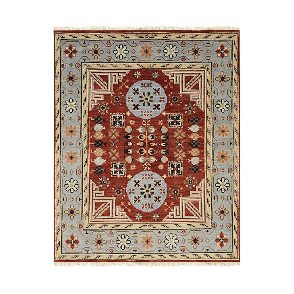 Rust Hand Knotted Wool Traditional Rug 8' x 10' - Khotan Weave Low Pile Dense Soft High Traffic Design - N/A