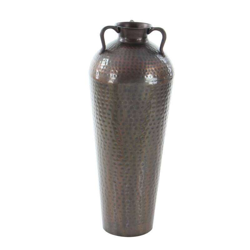 Metal Tall Floor Mediterranean Style Vase with Hammered Details and Handles - Brown - Roche River Decor